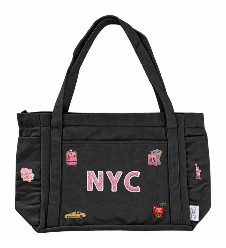 Black Tote with Pockets: Tote Bag with Pockets in Black with 6 patches